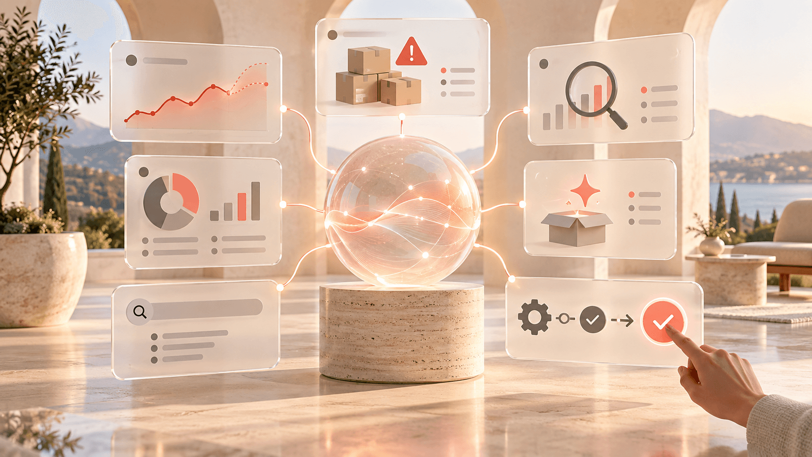 AI-assisted dashboard presenting forecasts, alerts, reports, and recommendations