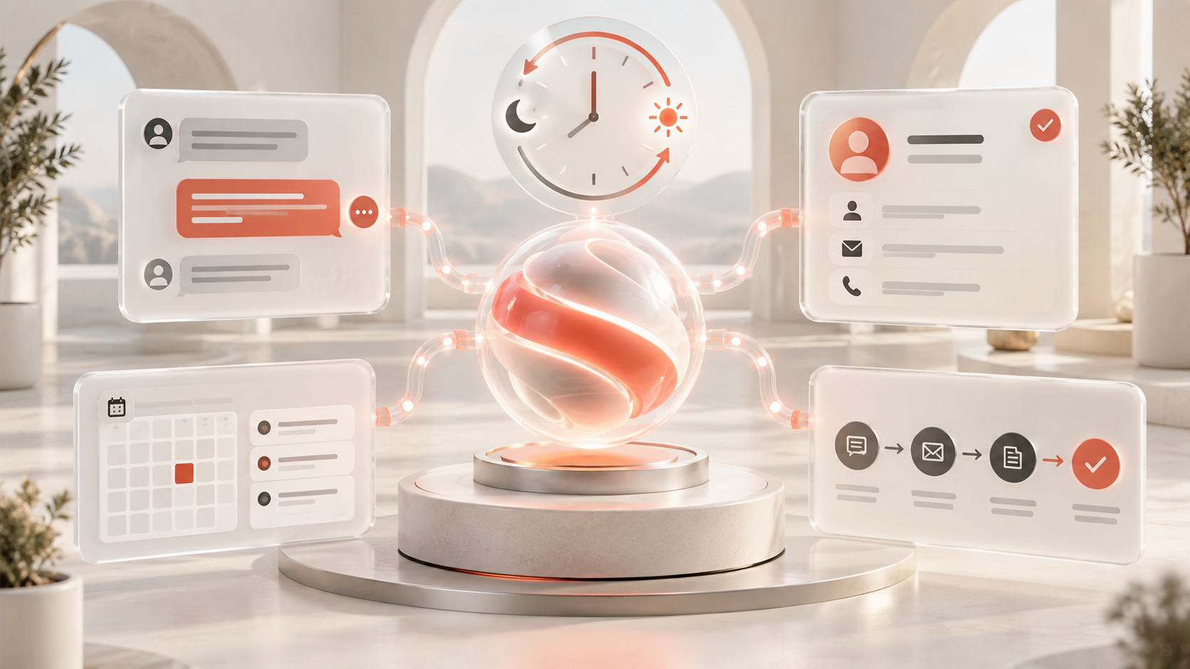 A 3D overview of an AI assistant answering customers, capturing leads, scheduling, and automating follow-up