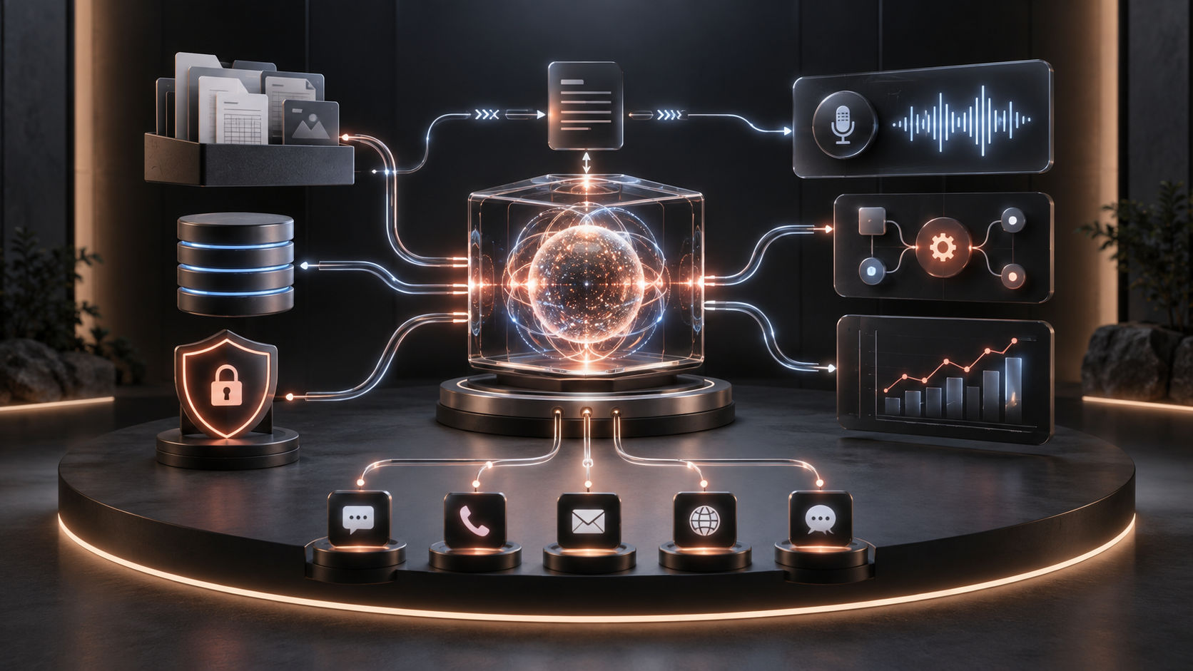 A 3D visualization of grounded AI, secure knowledge retrieval, voice, automation, and analytics