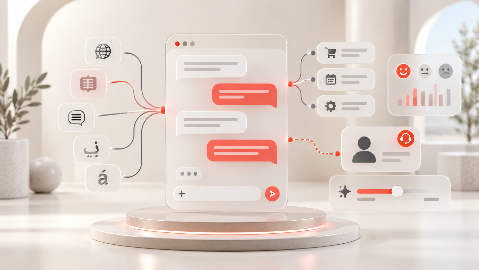 A 3D composition of natural multilingual conversations, helpful responses, and human handoff