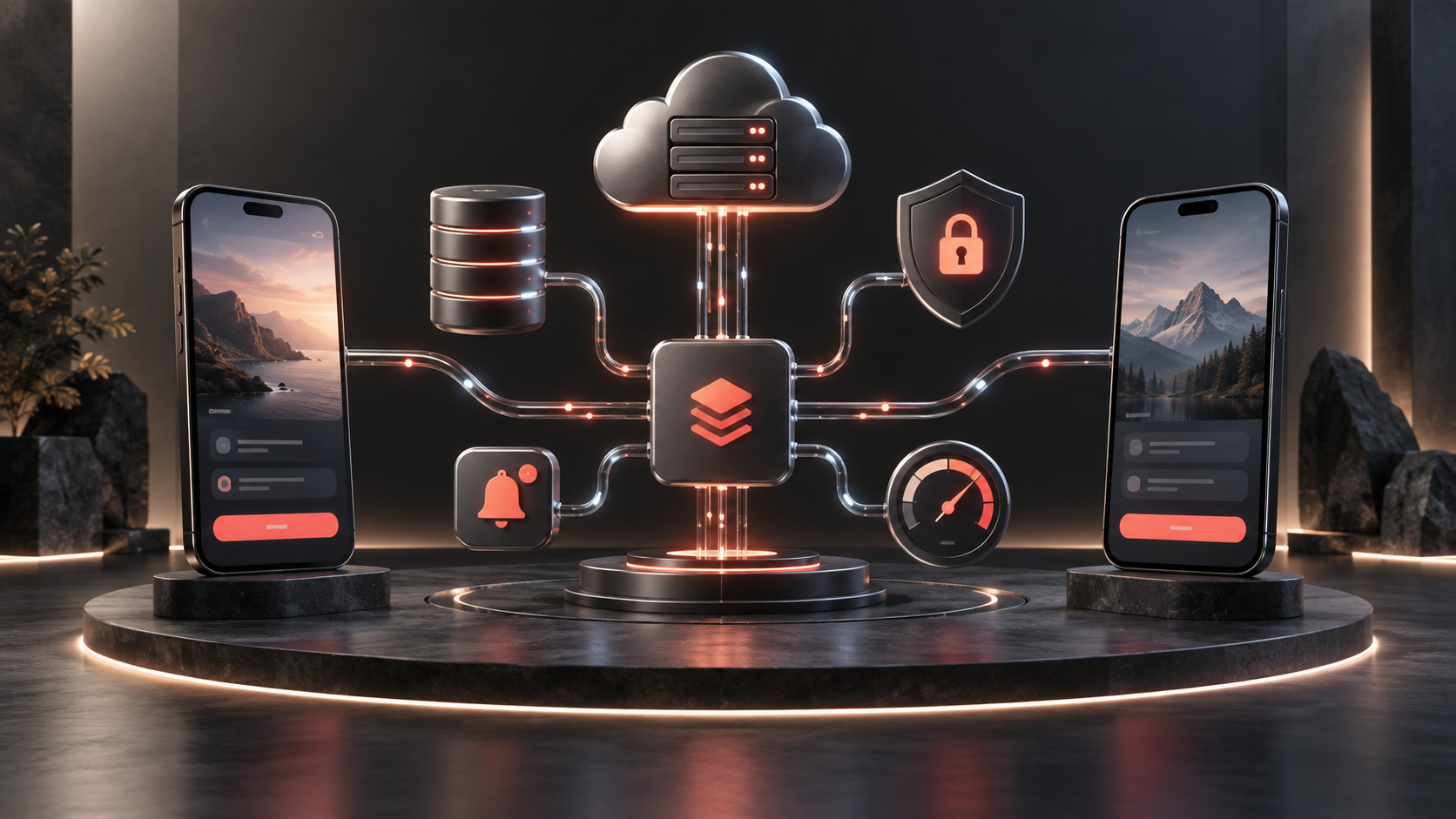 A 3D visualization of secure cross-platform mobile app infrastructure and real-time services