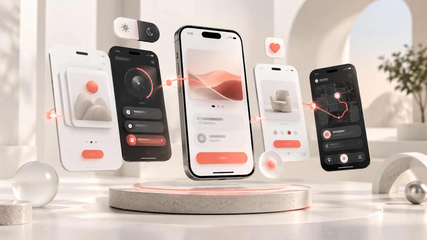 A 3D composition of intuitive mobile interfaces, gestures, onboarding, and light and dark modes