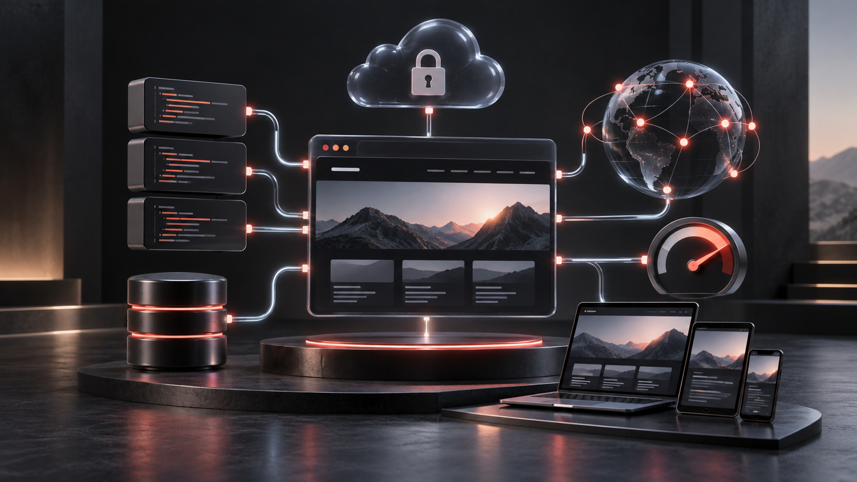 A 3D visualization of a secure, fast, and scalable modern web technology stack