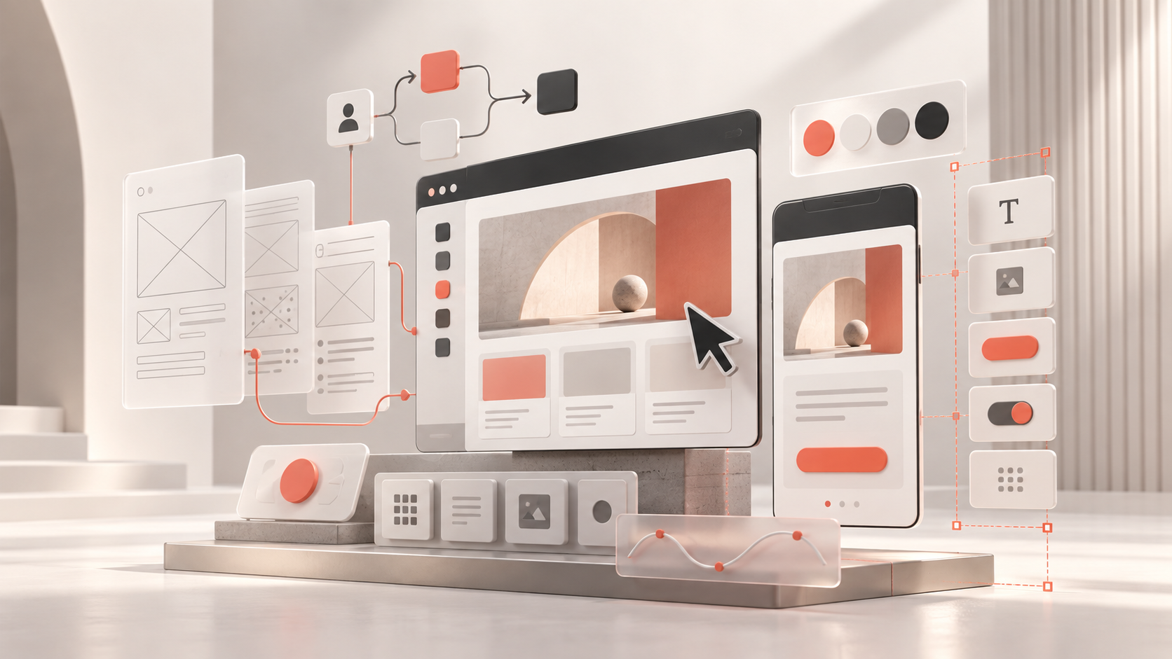 A 3D composition showing the UI and UX design process across responsive website interfaces